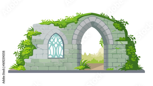 Illustration of stone archway ruin overgrown with ivy and moss in fantasy landscape vector graphic
