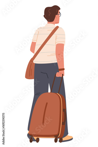 Man pulling a suitcase view from the back flat vector illustration isolated on white.