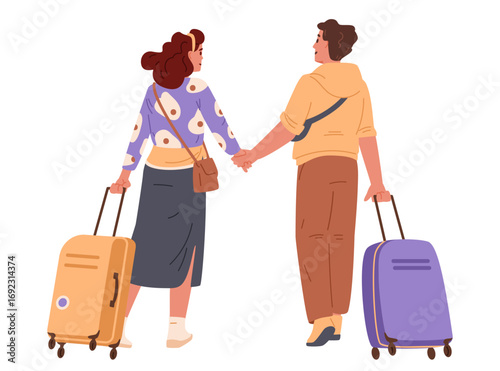Young couple walking holding hands pulling suitcases view from the back flat vector illustration isolated on white. 
