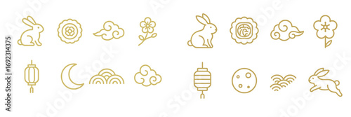 Mid-Autumn Festival line icon set with traditional Asian holiday symbols including the jade rabbit, mooncake, lantern, full moon, clouds, and flowers in a simple gold outline style