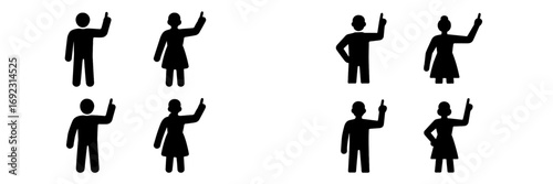 Set of man and woman pictogram icons pointing up with index finger, black silhouette figures on a white background