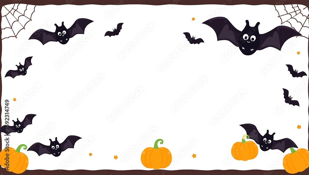Naklejka premium Cute Halloween border frame with baby pumpkins, playful bats, tiny webs at corners, central white background