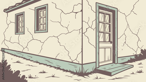 Illustration of old cracked house with door and windows for real estate and renovation projects use case