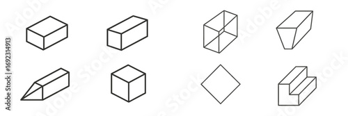 Set of isometric geometric shapes and 3D figures in a minimalist line art style including cube, prism, and cuboid icons for abstract design elements