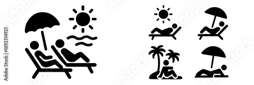 Set of beach vacation and summer relaxation icons with people sunbathing on lounge chairs under an umbrella