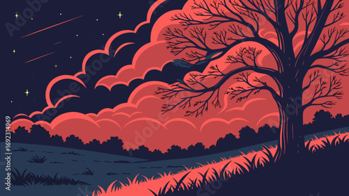Vector landscape illustration of a night scene with tree clouds and stars digital artwork drawing 100