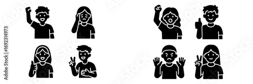 Glyph icon set of people expressing various emotions and hand gestures like thumbs up, peace sign, and protest fist