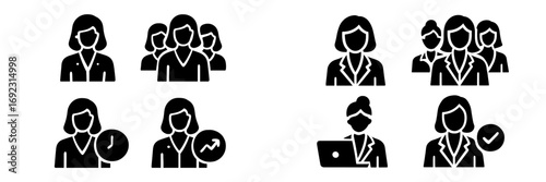 Businesswoman glyph icon set for corporate user profiles, team management, and employee status symbols