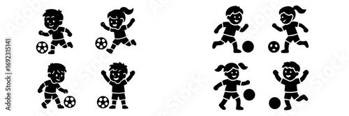 Simple black glyph icon set of children playing soccer, featuring boys and girls kicking and dribbling a football for youth sports and activity themes