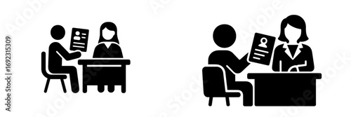Job interview icon set with candidate showing resume to hiring manager for recruitment and employment process
