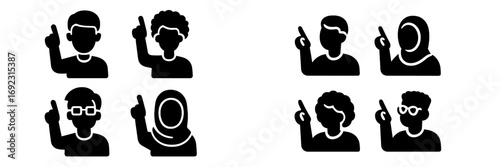 Set of diverse people icons with men and women raising a hand to ask a question or share an innovative idea
