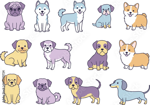 Cartoon dog breed collection, cute puppies illustration, sitting and standing pet poses, colorful animal clipart set, adorable vector dog characters, isolated design artwork