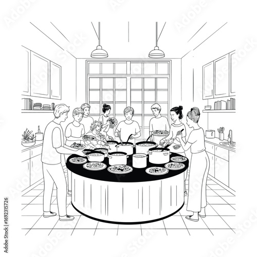 People gathered around a round buffet table laden with food dishes and decorations white background