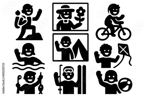 Leisure activities and outdoor hobbies glyph icons showing hiking, cycling, swimming, fishing, skiing, and playing with a kite