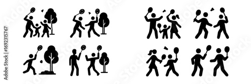Set of black silhouette icons showing family and friends playing badminton in a park, representing outdoor activity, leisure, and healthy lifestyle concepts for graphic design elements