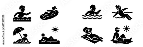 Summer beach vacation activities black glyph icon set with people swimming in water and sunbathing on sand isolated on white