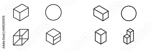 Set of minimalist geometric line icons with isometric cubes, cuboids, and circles for user interface design