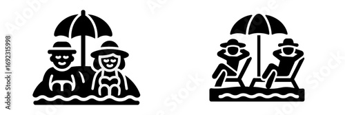 Black glyph icons of a couple on a summer beach vacation relaxing in the water and on lounge chairs under an umbrella