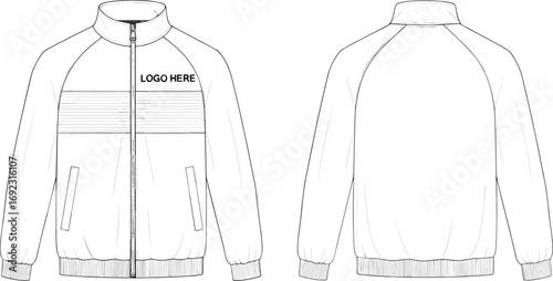 Cad drawing flat vector illustration of modern track jacket front and back, technical fashion sketch, athletic outerwear template design
