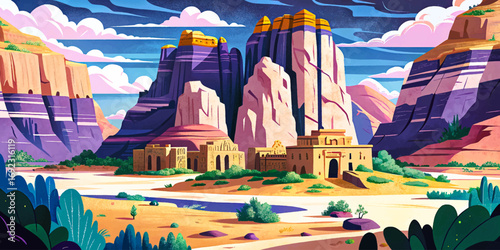 Towering sandstone cliffs with hidden temples in remote desert valley, cultural and natural wonder