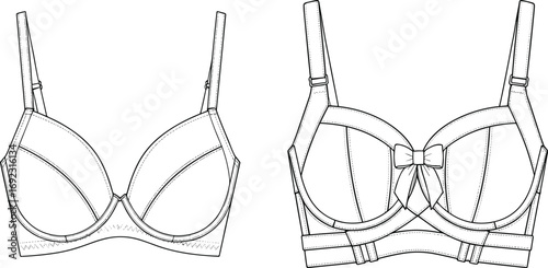 Cad drawing flat vector illustration of lingerie bra front and back, technical fashion sketch, undergarment design template, intimate apparel mockup