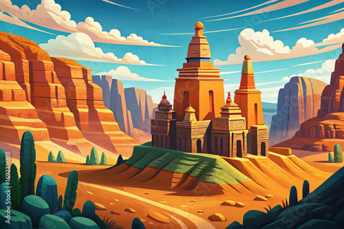 Towering sandstone cliffs with hidden temples in remote desert valley, cultural and natural wonder