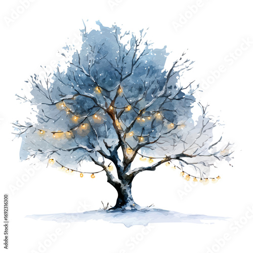 snowy tree with fairy lights painting isolated on a white background, an EPS painting design, Vector illustration set, and My Watercolor illustration