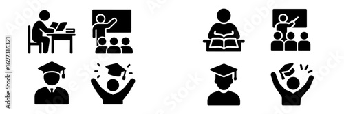 Education and learning glyph icon set with student studying at desk, teacher in classroom, and graduate celebrating