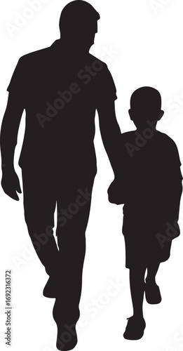 Silhouette of a father and son walking hand in hand against a white background