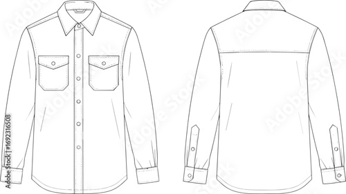cad drawing flat vector illustration, long sleeve shirt front back view, technical fashion sketch, garment design template, apparel blueprint