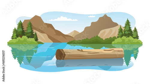 Scenic landscape illustration of mountain lake with log and reflections for nature background design