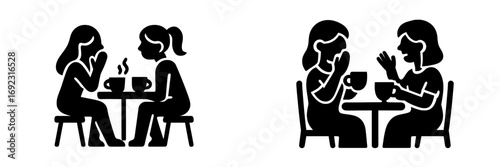 Simple black silhouette icons of two women having a conversation while drinking hot beverages at a small table, representing friendship, communication, and gossip
