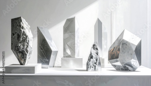 Abstract marble sculptures displayed on a white pedestal