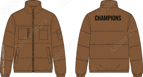 cad drawing flat vector illustration, quilted jacket front back view, technical fashion sketch, padded outerwear design, garment template, apparel blueprint