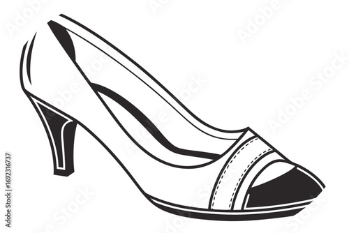 Black and white line art illustration of a women's high-heeled shoe on a white background footwear fashion