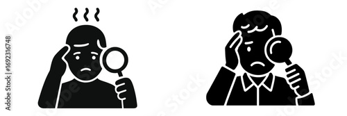 A person experiencing confusion, stress, and headaches while searching with a magnifying glass for answers or a medical diagnosis