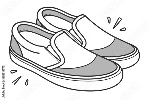 Black And White Line Art Illustration Of Two Casual Slip On Shoes footwear