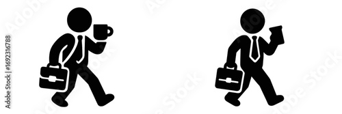 Minimalist black silhouette icon set of a businessman walking to work with a briefcase and holding a coffee mug or a mobile phone