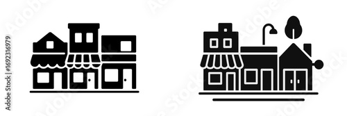 Set of black and white storefront icons representing a small town main street with various building facades and shops