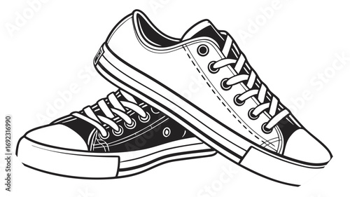 Black and White Line Art Illustration of Two Low Top Canvas Sneakers shoe footwear