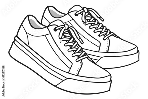 Black And White Line Art Illustration Of Two Lace Up Platform Sneakers shoes footwear