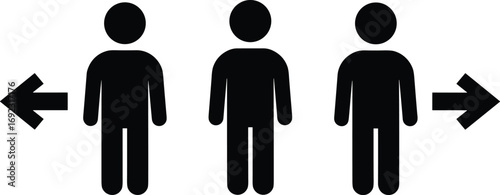 Social distancing icon set, people with arrows, keep distance, safety measure, health protocol, black silhouette figures, prevention vector illustration, COVID guidance