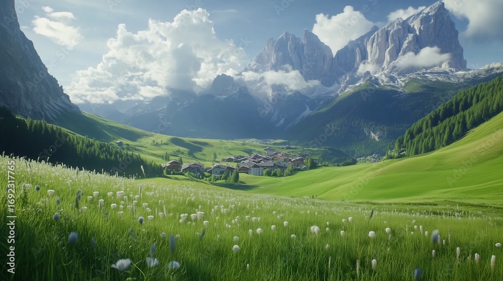 Obraz premium Green meadow with a house in mountains. A realistic video journey through meadows. Valleys of the selva dolomites and the tyrol wolfenstein south. The lush field featuring a house lifestyle in the.