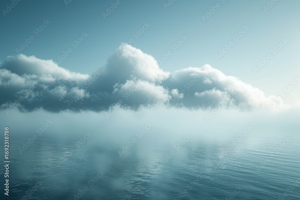 Obraz premium Calm waters reflect soft clouds under a serene sky at dawn near a tranquil shore