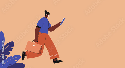 Professional person walking purposefully, multitasking with a smartphone and briefcase. Ideal for concepts of modern business, communication, and busy daily routines.