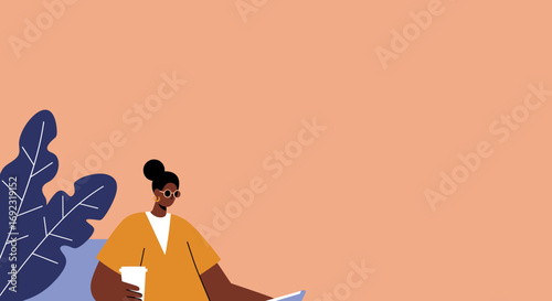 Stylish Black woman working remotely with a coffee cup, embracing a modern, productive lifestyle. Ideal for business, education, or casual leisure themes.