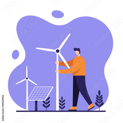 Man embracing sustainable energy, utilizing wind turbines and solar panels for a greener future. Concept of renewable power and environmental responsibility for business and lifestyle.