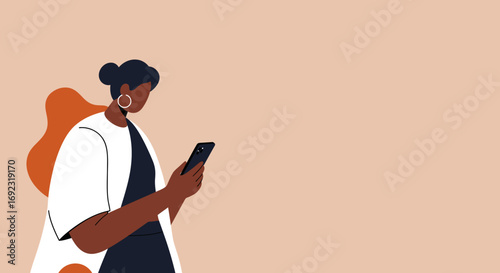 Stylish Black woman focused on her smartphone, perfect for illustrating digital communication, social media, and modern lifestyle concepts.