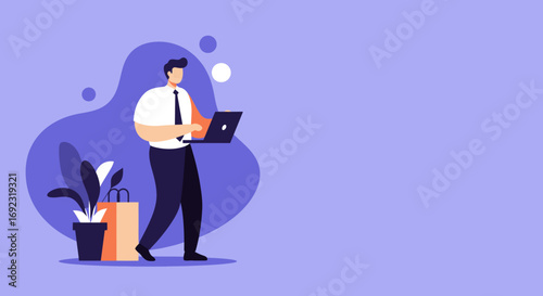 Professional man using laptop for business or online activity, with plant and shopping bag nearby. Modern remote work or e-commerce.