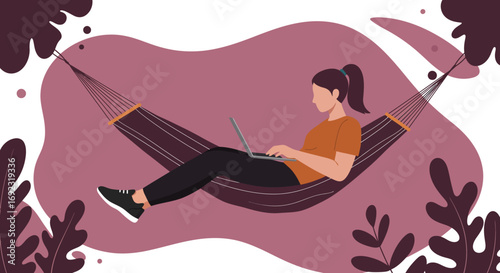 Woman working remotely on a laptop in a hammock, enjoying flexible work-life balance outdoors. Ideal for digital nomad concepts, leisure, and online productivity.